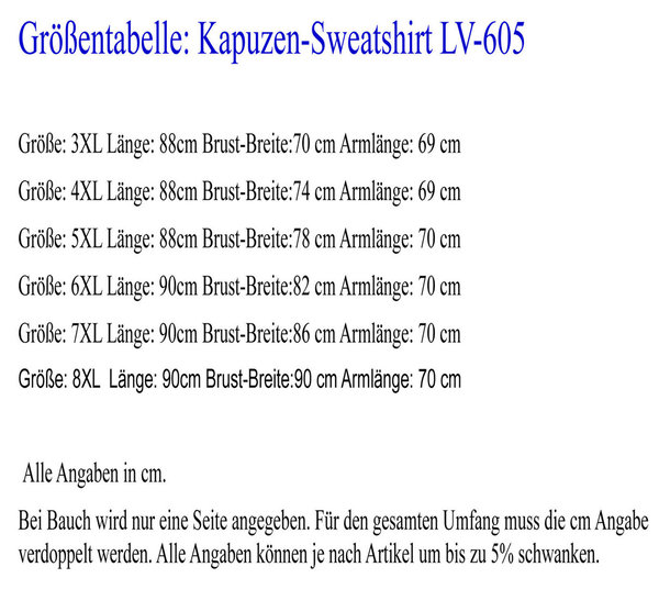 LAVECCHIA Übergrößen langarm Kapuzen-Sweattshirt Shirt schwarz 3XL 4XL 5XL 6XL 7X 8XL LV-605